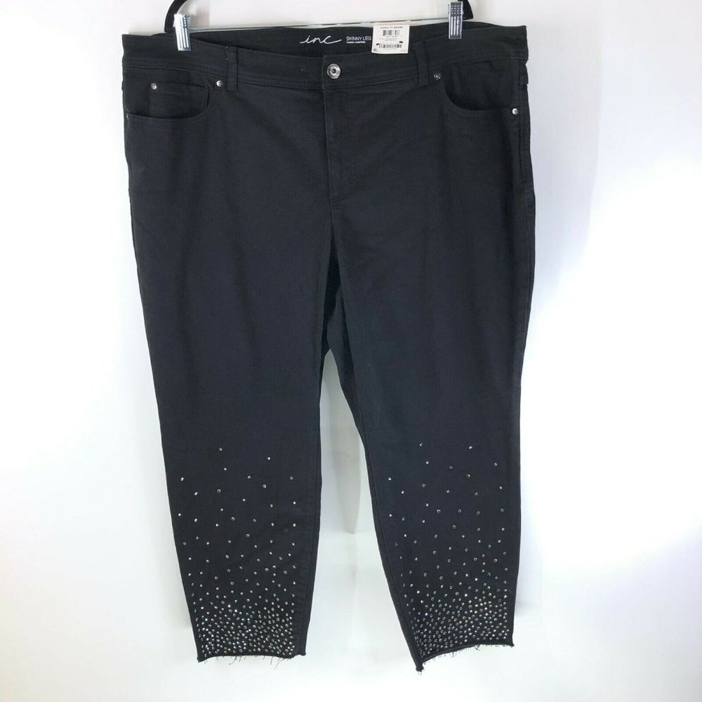 INC Jeans Skinny Leg Tummy Control Ankle Mid Rise Rhinestones Raw Hem Black 24W